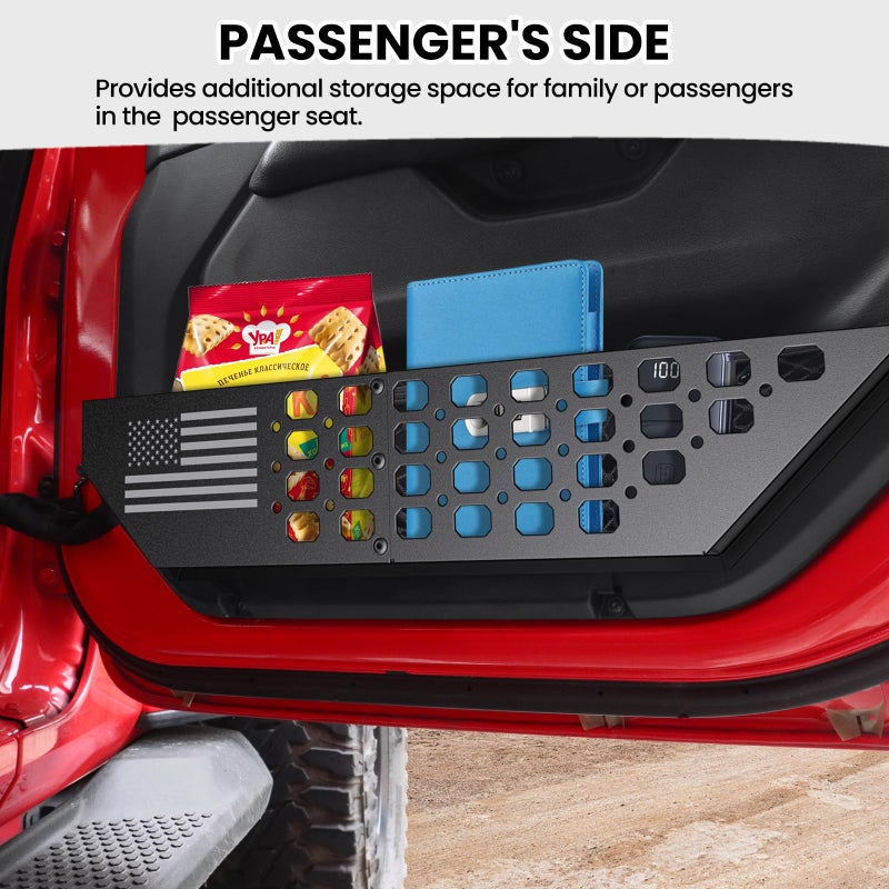 DIAMOOKY Metal Front Door Pocket Storage Box for Jeep Wrangler JL JLU 4XE 2018-2025 & Gladiator JT 2020-2022 2023 2024 2025 Accessories Door Organizer Storage (Not for Power Seats)  Flat Flag  2PCS - Image 3